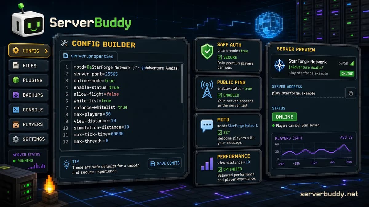 ServerBuddy Config Builder showing safe Minecraft server.properties settings, public status, MOTD, and server preview panels.