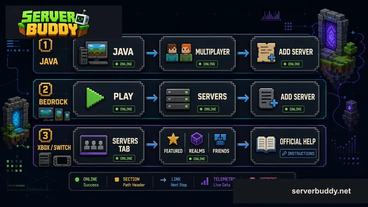 ServerBuddy-style flow diagram showing Java, Bedrock, and Xbox or Switch paths for joining Minecraft servers.