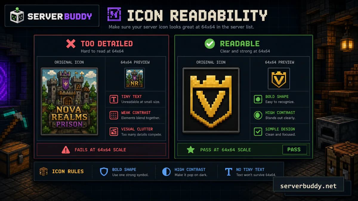 Comparison of an overly detailed server icon and a readable high contrast 64x64 icon